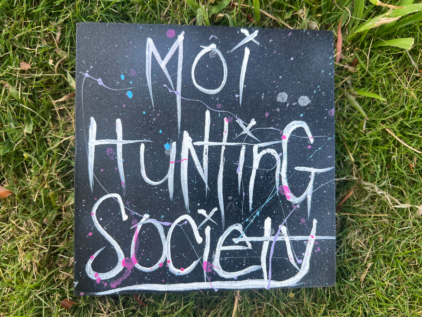 Moi Hunting Society 6"x6" Black and white wood panel sign. Sold with Moi/Papio Pack